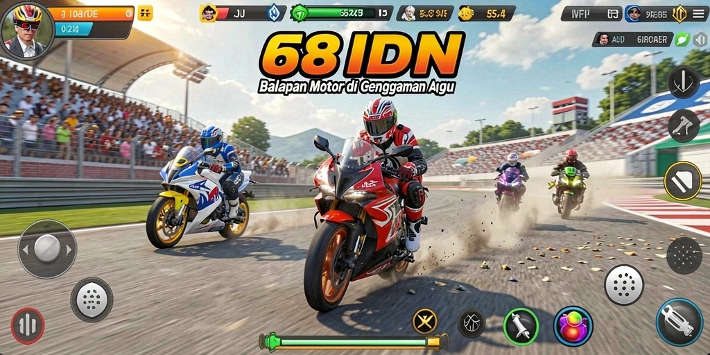 Screenshot menampilkan aksi balapan motor dalam lingkungan yang dinamis.