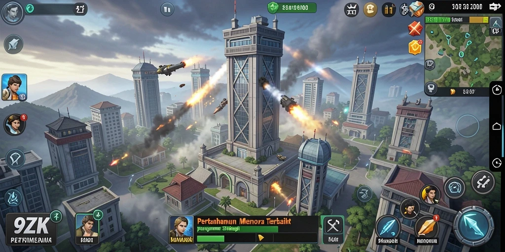 Screenshot menampilkan aksi menara dalam game Tower Defense 9ZK.