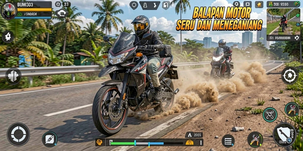 Tampilan gameplay balap motor yang seru dan mendebarkan.