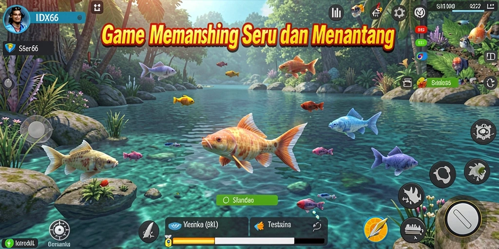 Tampilan gameplay IDX66 dengan berbagai aktivitas memancing dan alat yang digunakan.