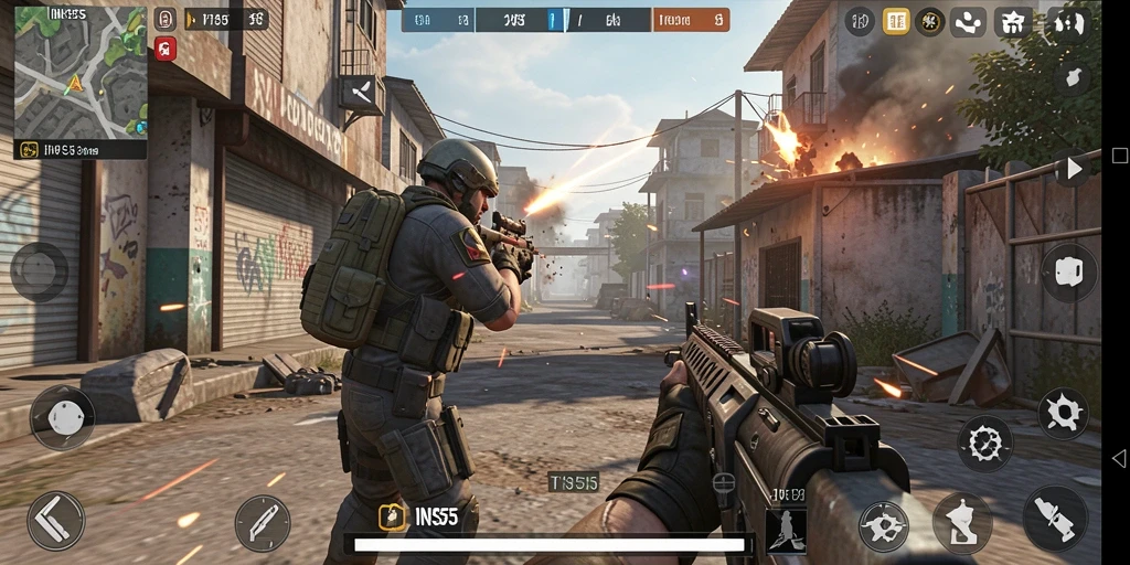 Tangkapan layar menunjukkan aksi seru gameplay INS55 di medan perang.