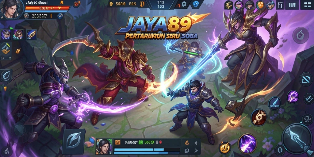 Screenshot menampilkan karakter bertarung dalam pertarungan MOBA yang epik.