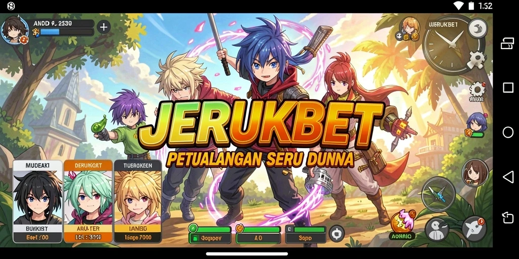Tampilan gameplay JERUKBET dengan karakter Anime yang penuh warna.