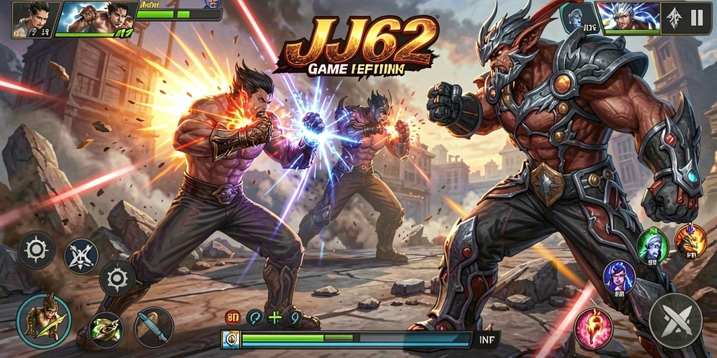 Tampilan utama gameplay JJ62 dengan aksi pertarungan seru.