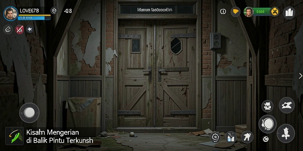 Screenshot gameplay LOVE678 menampilkan suasana menegangkan dan grafis menyeramkan.