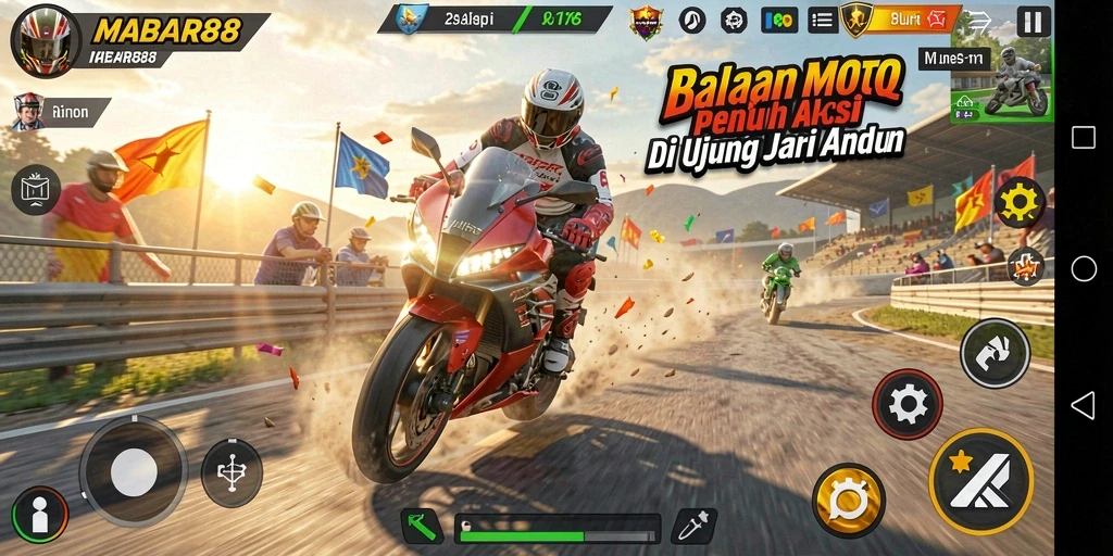 Tampilan gameplay MABAR88 yang mendebarkan dalam aksi balapan motor.