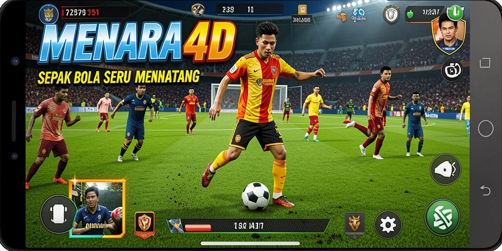 Screenshot MENARA4D yang menunjukkan aksi seru di lapangan sepak bola.