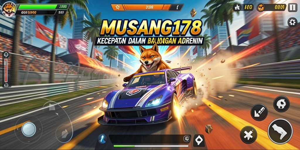 Screenshot gameplay intense dari MUSANG178 dengan mobil yang melaju kencang.