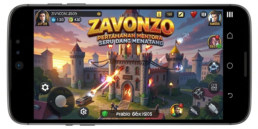 Tampilan gameplay ZAVONZO dengan menara dan strategi pertahanan yang dinamis.